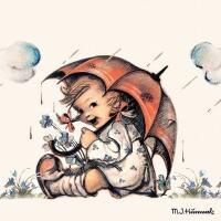 5419 - Lille pige med paraply i regnvejr.