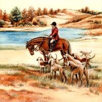 5383 - Hunting Season - hunter on horseback and with dogs.